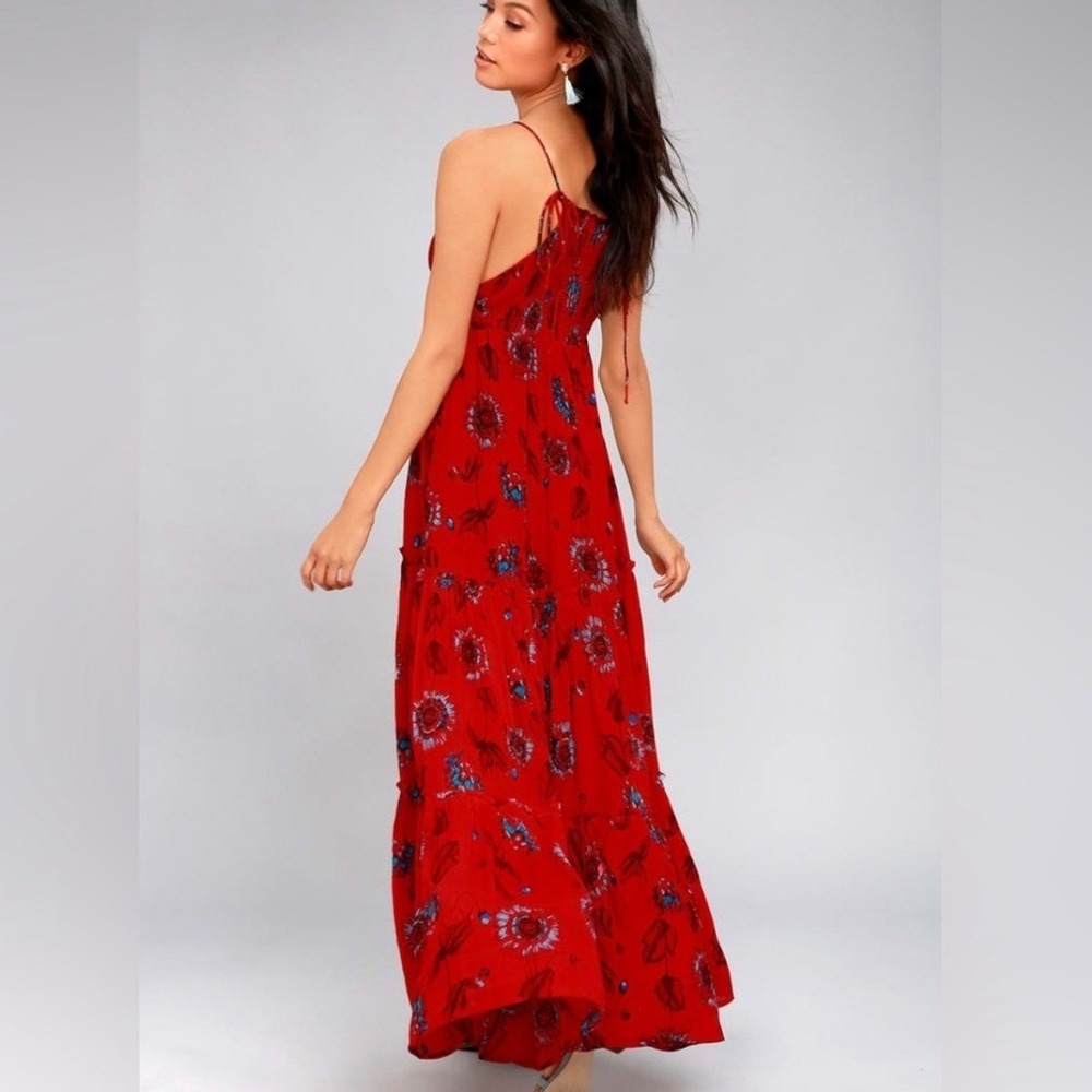 Free People Garden Party Tiered Smocked Maxi Dress Size S Red Boho Floral Flowy - Picture 10 of 10